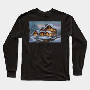 Magical Fantasy House with Lights in a Snowy Scene, Fantasy Cottagecore artwork Long Sleeve T-Shirt